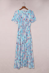 Abstract Botanic Print Wrap V Neck Short Sleeve Maxi Dress