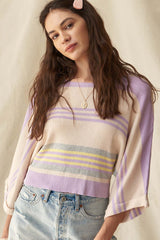 Purple Striped Rib-Knit Cropped Top