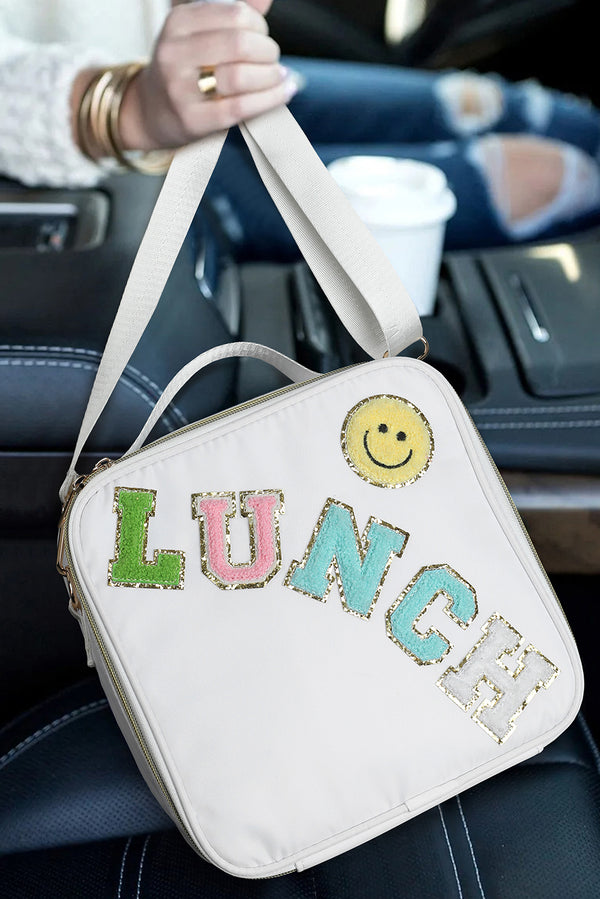 White LUNCH Chenille Embroidered Square Shoulder Bag