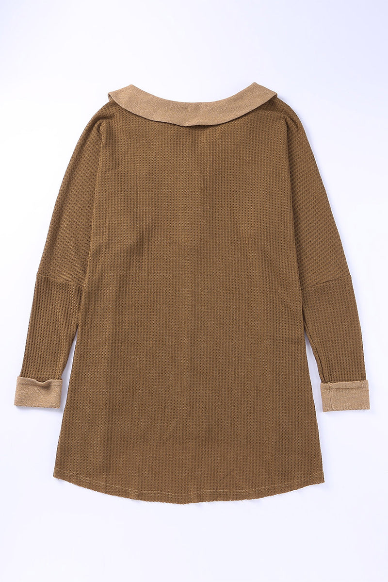 Brown Waffle Pocket Seam Patchwork Loose Knit Top