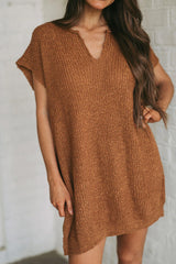 Camel V Neck Loose Fit Mini Knitted Dress