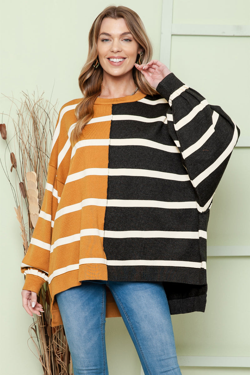 Contrast Striped Print Oversized Dropped Shoulder Top