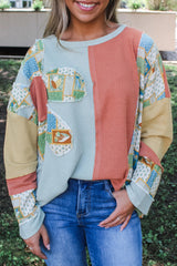 Sail Blue Waffle Patchwork Flower Sweatshirt