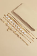 Gold 5Pcs Pearl Heart Diamond Bracelet Set