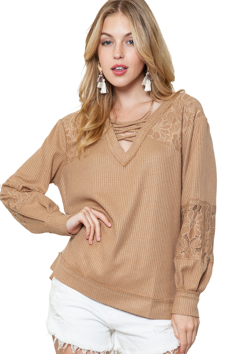 Apricot Lace and Waffle Knit Crisscross Straps V Neck Long Sleeve Top