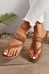 Chestnut Cross Toe Metal Buckle Strap Flat Slippers