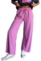 Pink Plaid Print Drawstring High Waist Wide Leg Casual Pocket Pants