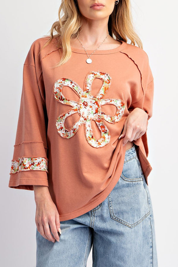 Grapefruit Orange Flower Exposed Seam Patchwork Loose Top