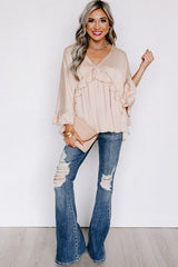 Apricot V Neck Draped Batwing Sleeve Ruffle Top