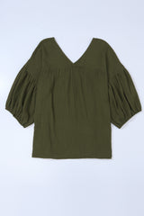 Green Solid Color Gauze Casual V Neck Top for Women