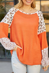 Orange Casual Waffle Leopard Patchwork Sleeve Knit Top