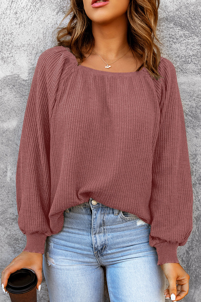 Brown Waffle Texture Casual Square Neck Pullover Top