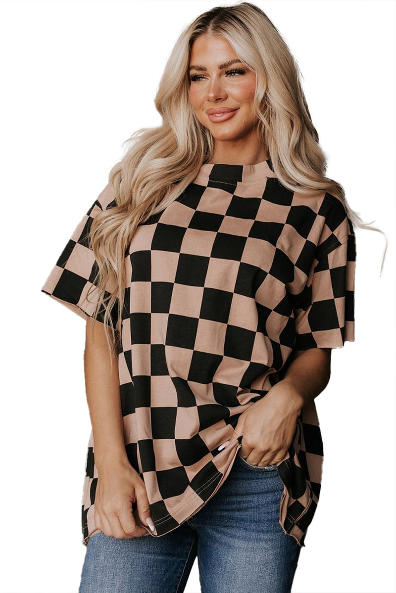 Light Beige Two Tone Checkered Crew Neck Loose T Shirt