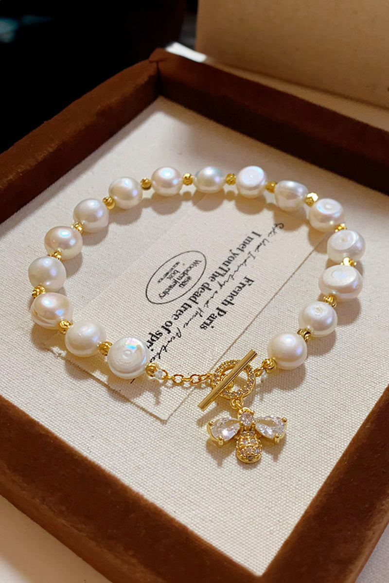 White Vintage Bee Rhinestone Baroque Pearl Bracelet