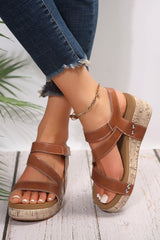 Chestnut Hollow Out Velcro Leather Wedge Sandals