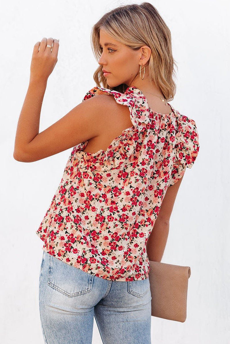 Red Boho Floral Print Ruffled Mock Neck Sleeveless Shirt