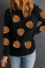 Black Halloween Sequin Pumpkin Face Graphic Sweatshirt