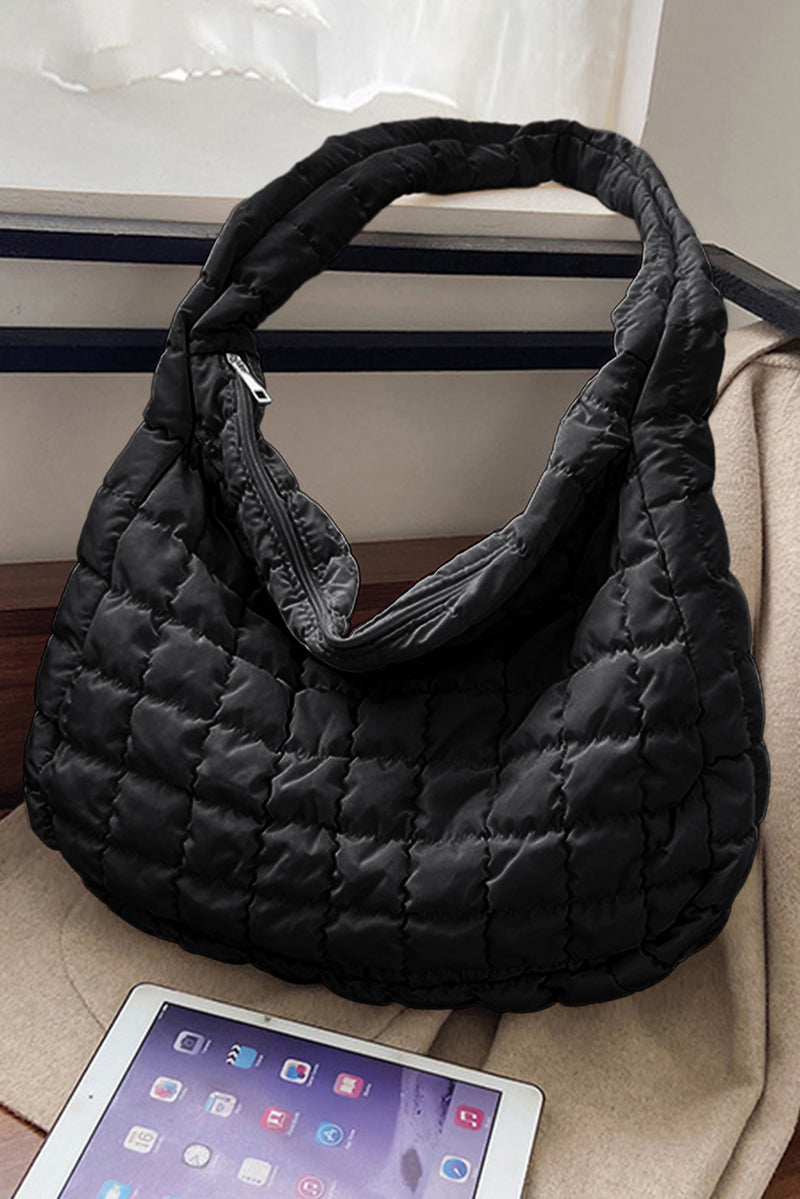 Coffee Casual Quilted Zipper Large Shoulder Bag