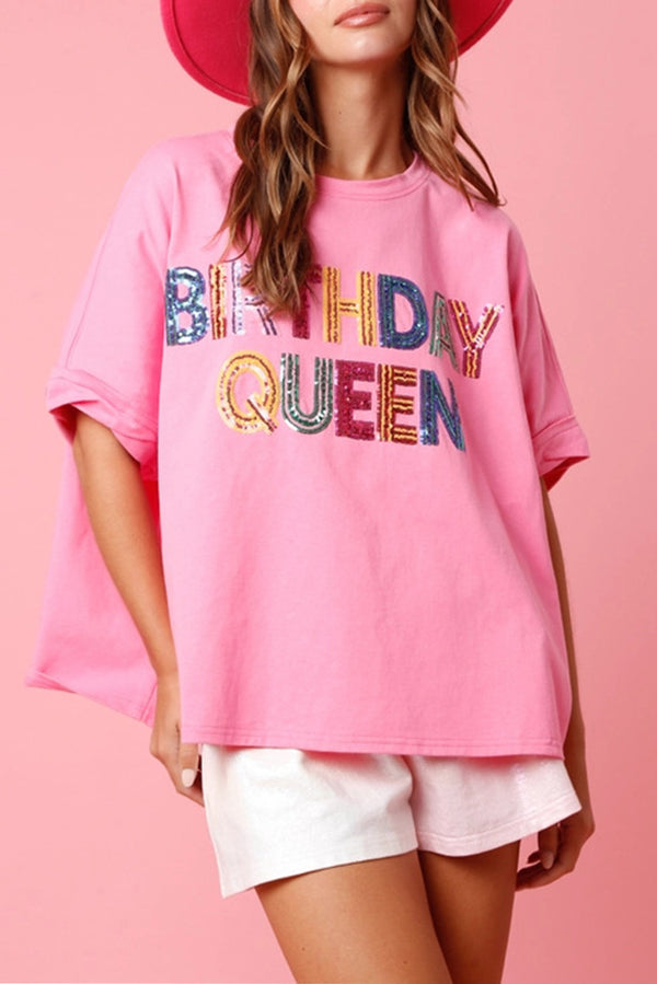 Pink Sequin BIRTHDAY QUEEN Pattern Round Neck T Shirt