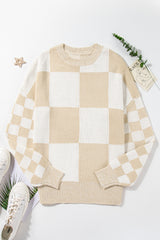 Flaxen Plaid Knitted Drop Shoulder Sweater