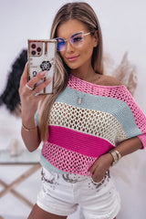 Pink Knitted Eyelet Colorblock Half Sleeves Top