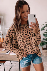 Brown Leopard Stitching Loose Long Sleeve Top