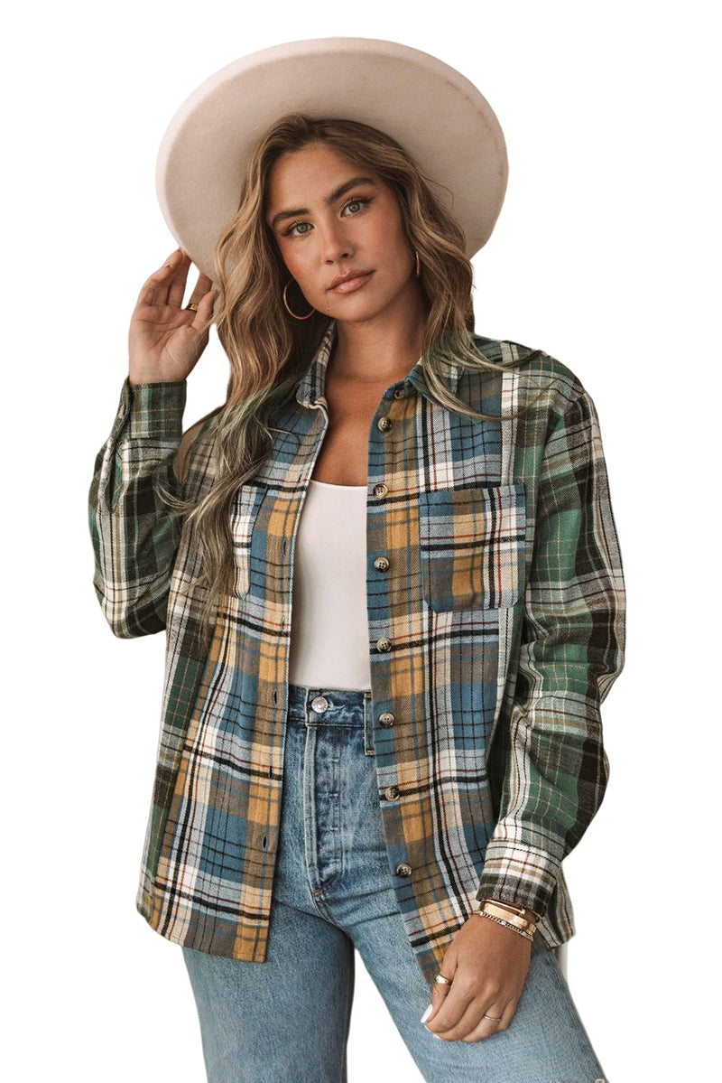 Green Plaid Colorblock Casual Pockets Button Up Shacket