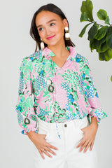 Green Tropical Floral Frill V-Neck Puff Sleeve Blouse