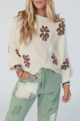 White Colorblock Floral Pattern Crewneck Sweater