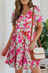 Multicolor Floral Print Patchwork Frill Tiered Shift Dress