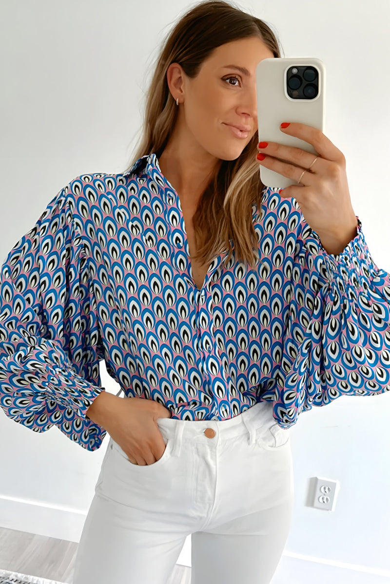 Sky Blue Abstract Print Collared Lantern Sleeve Shirt