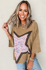 Camel Ditsy Floral Star Patched 3/4 Sleeve T Shirt