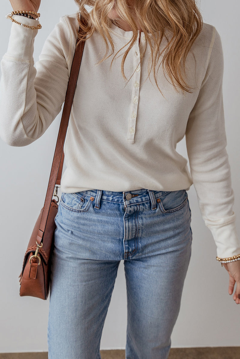 White Solid Color Waffle Long Sleeve Henley Top