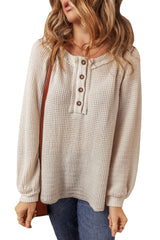 Oatmeal Waffle Knit Raglan Sleeve Loose Henley Top