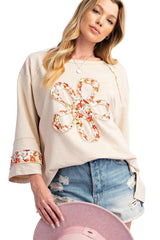 Beige Flower Exposed Seam Patchwork Loose Top