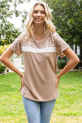 Khaki Leopard Casual Color Block T Shirt