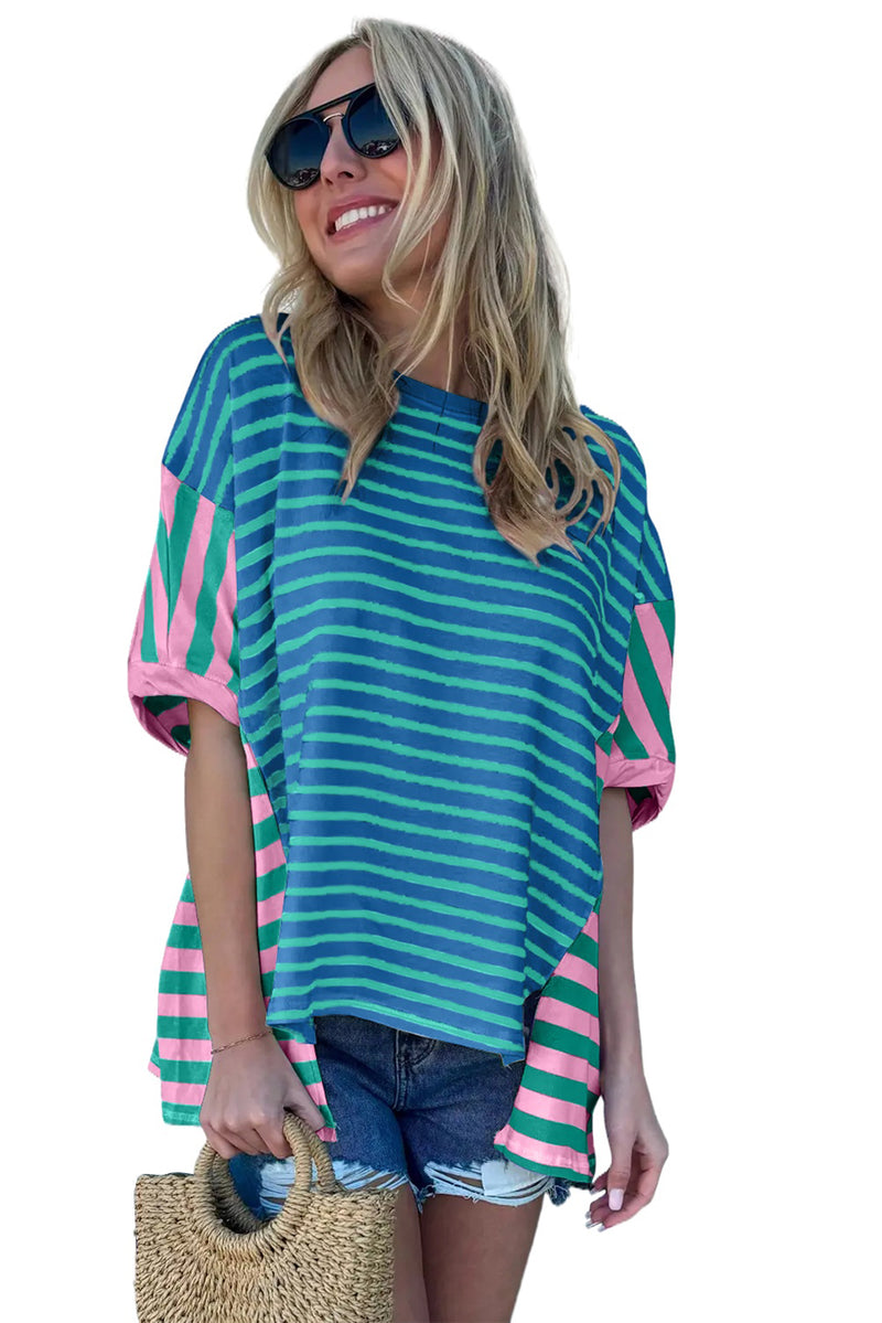 Blue Stripe Patchwork Slits Baggy T Shirt