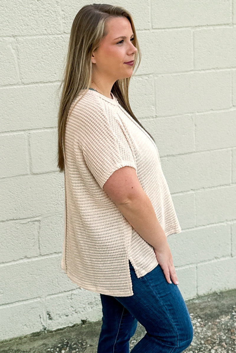 Beige Waffle Exposed Seam Plus Size Short Sleeve Top