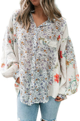 Purple Boho Floral Bishop Sleeve Button Up Loose Shirt