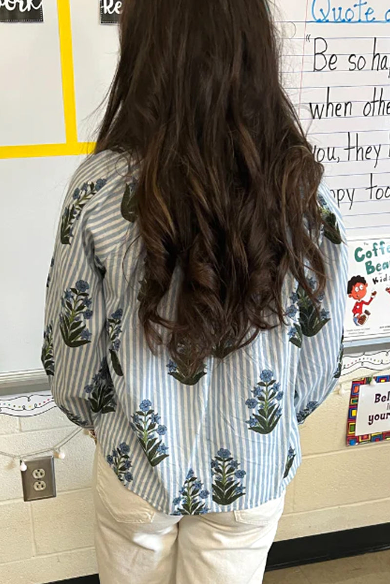 Beau Blue Floral Striped Tie V Neck Long Sleeve Blouse