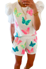 Wholesale White Colorful Sequin Butterfly Pattern Puff Sleeve Top & Shorts Set