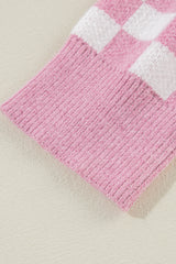 Pink Checkered Buttons Collar V Neck Drop Shoulder Sweater