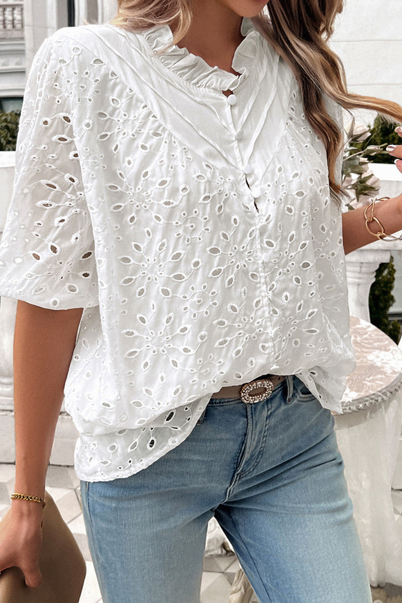 White Frill Neck Puff Sleeve Button Eyelet Blouse