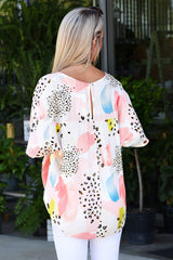 White Tie Dye Leopard Print Back Keyhole Blouse