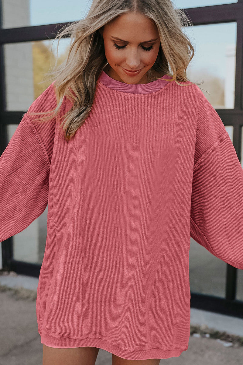 Red Contrast Trim Crinkle Rib Oversized Sweatshirt