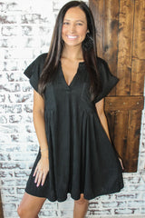 Black Crinkled Short Sleeve V Neck Flowy Dress