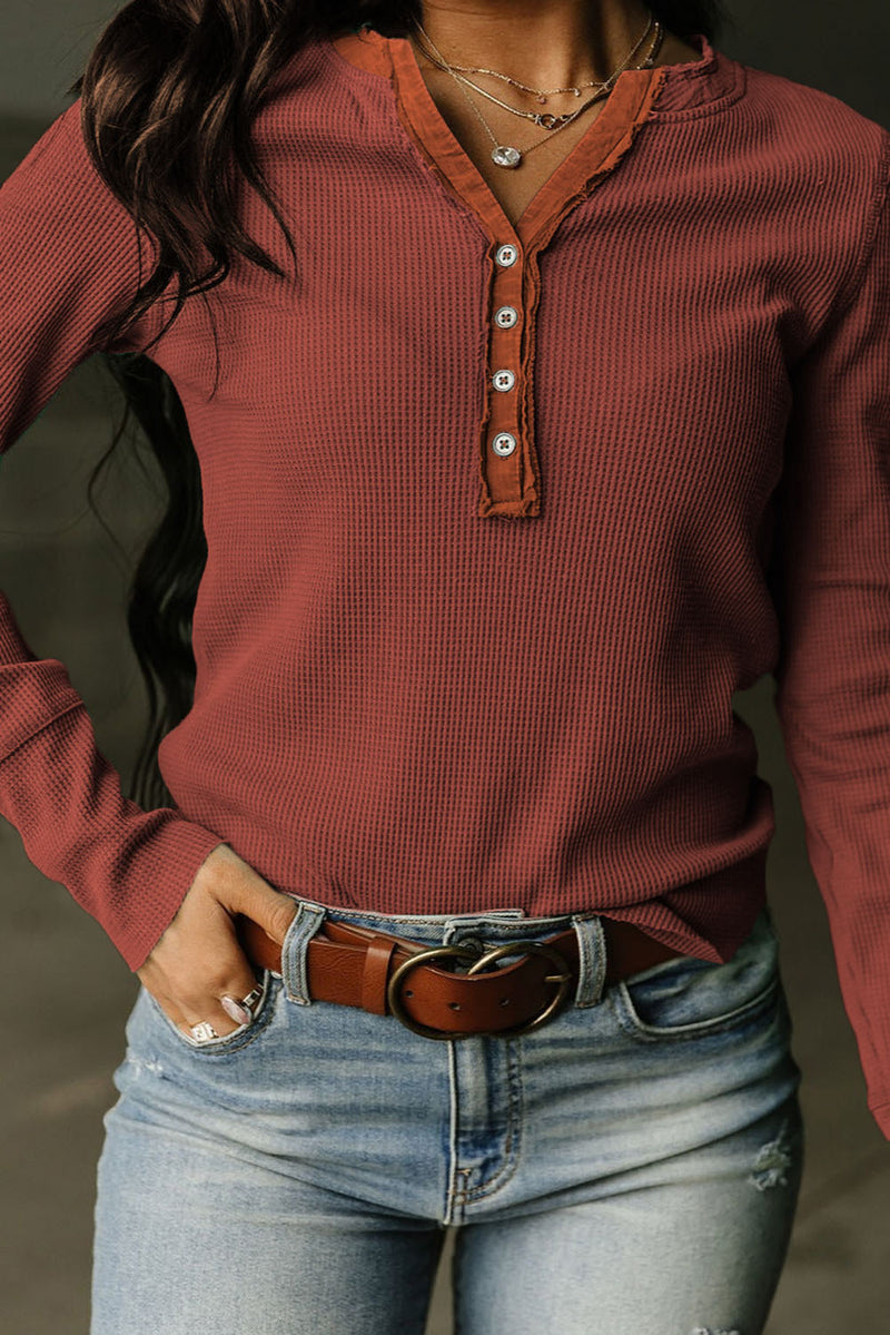 Brown Solid Color Waffle Knit Long Sleeve Henley Shirt