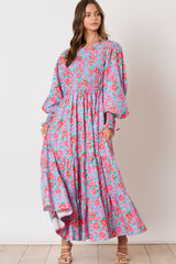 Sky Blue Boho Floral Print Smocked Lantern Sleeve Tiered Maxi Dress