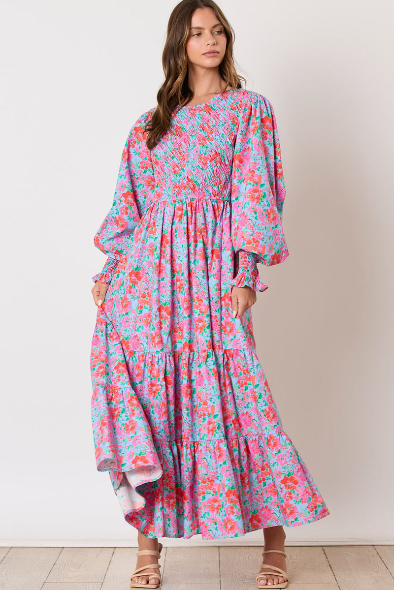 Sky Blue Boho Floral Print Smocked Lantern Sleeve Tiered Maxi Dress