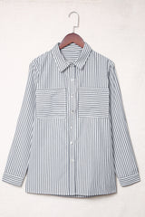 Blue Striped Chic Pockets Roll Up Sleeve Buttons Front Shirt